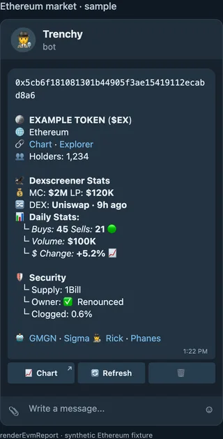 Code-based Telegram-style EVM report for a synthetic Ethereum token, showing its contract, market activity, supply, sample security observations, and report controls.