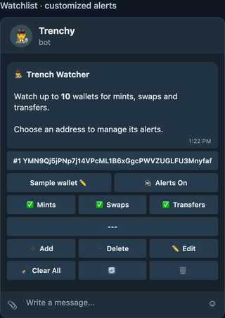 Illustrative Watcher watchlist with a fake wallet address, custom label, alert status, mint, swap, and transfer controls.