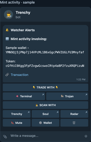 Illustrative mint-activity alert with a fake watched wallet and token address, transaction link, scan links, mute, and wallet controls.