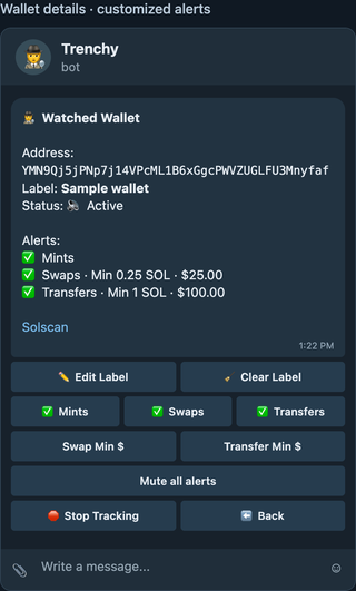 Illustrative watched-wallet detail with a fake address, alert categories, swap and transfer minimum controls, mute, and stop tracking.