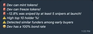 Example warnings for mint and freeze authorities, early sniping, concentrated holders, shared funders, and deployer bond rate.