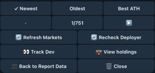 Deployer Intelligence sorting, pagination, refresh, tracking, holdings, back, and close buttons.