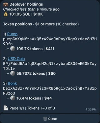 Deployer holdings with SOL balance and three priced token positions worth at least $1.