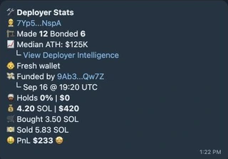 Example deployer stats showing created and bonded counts, median ATH, funding, holdings, buys, sales, and PnL.