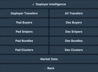 Detailed report menu showing Deployer Intelligence, transfers, Pad and Dex buyers, snipers, bundles, clusters, Market Data and Back.