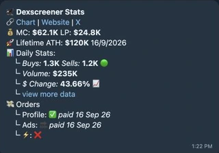 Example Dexscreener chart links, market cap, pool liquidity, lifetime ATH, daily activity and paid order statuses.
