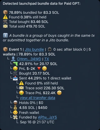 Edited bundle example showing the group summary, Jito event, and one wallet with buys, transfers, holdings, and funding.