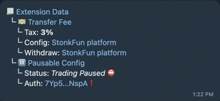 Example Extension Data showing a transfer fee, its config and withdrawal authorities, and a paused trading state.
