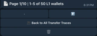 Telegram page 1 of 10, rows 1–5 of 50 L1 wallets, next-page arrow, Back to All Transfer Traces, and trash button.