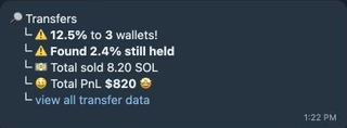 Example transfers: percentage sent to wallets, tokens still held, recipient sales, total PnL, and a detail link.