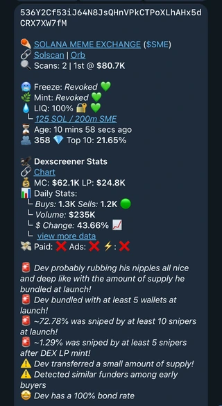 Trench Report for Solana Meme Exchange showing market data, liquidity, holder concentration, and launch-activity warnings.